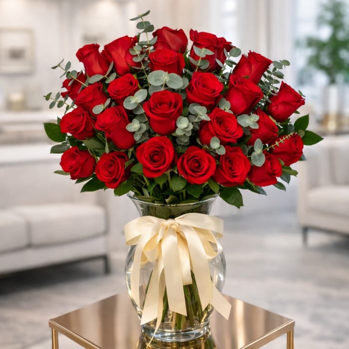 Bouquet of red roses in a glass vase with a cream ribbon