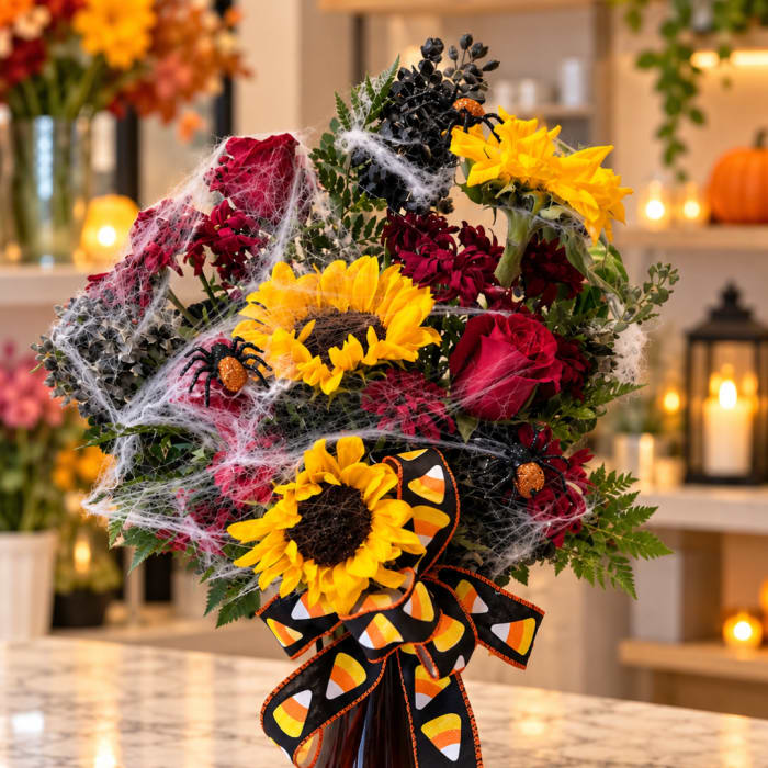 Halloween bouquet with sunflowers, red blooms, spiderweb accents, and a candy-corn ribbon