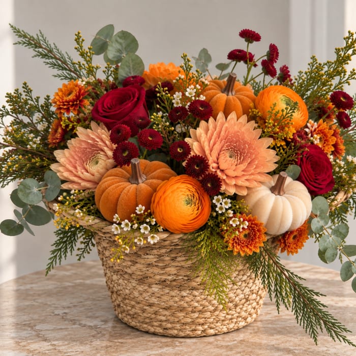 Autumn flower arrangement in a woven basket with pumpkins and red blooms