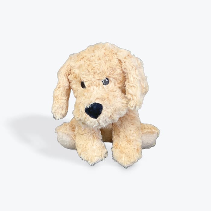 Plush beige dog toy with black nose and eyes