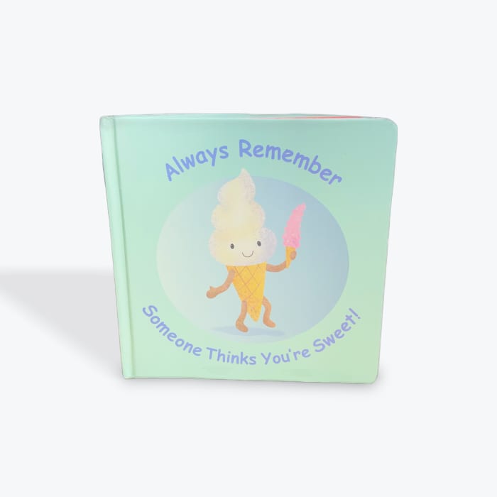 Mint-colored book with a smiling ice cream cone illustration and text