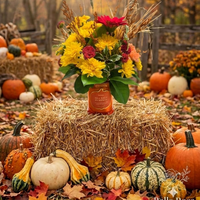 Fall flower arrangement in a candle jar surrounded by pumpkins and hay bales