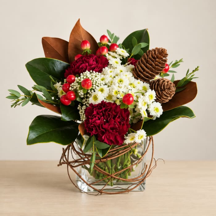 Red carnations and white daisies in a glass vase with pinecones