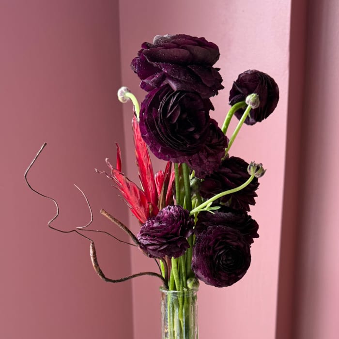 Dark purple ranunculus arrangement in a clear glass vase with red accent leaves