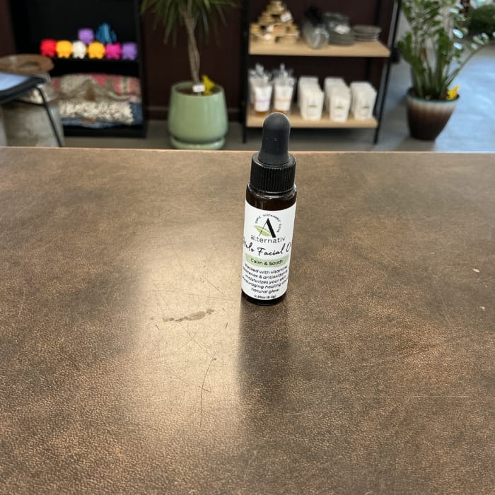 Small dropper bottle on a counter in a shop
