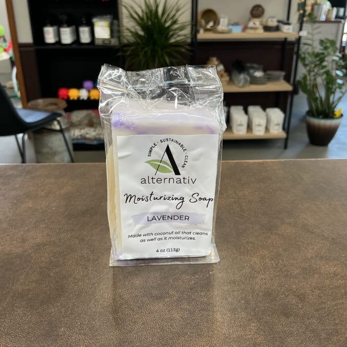 Wrapped lavender moisturizing soap bar on a counter