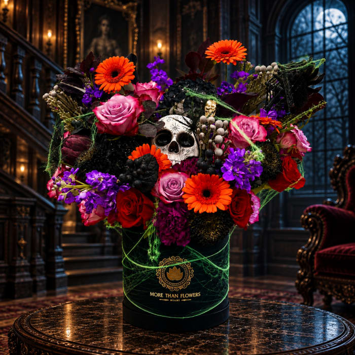 Colorful floral arrangement in a black hatbox with a skull accent