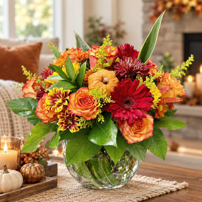 Autumn bouquet of orange and red flowers in a clear glass vase