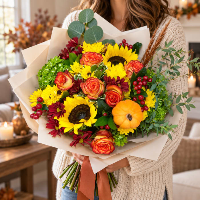 Bouquet of sunflowers, orange roses, and red mums with a pumpkin accent