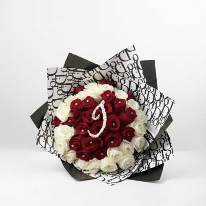 50 Red & White Roses with Custom Handmade Baby’s Breath Letter | Je’ La Diamond Luxe Gifts