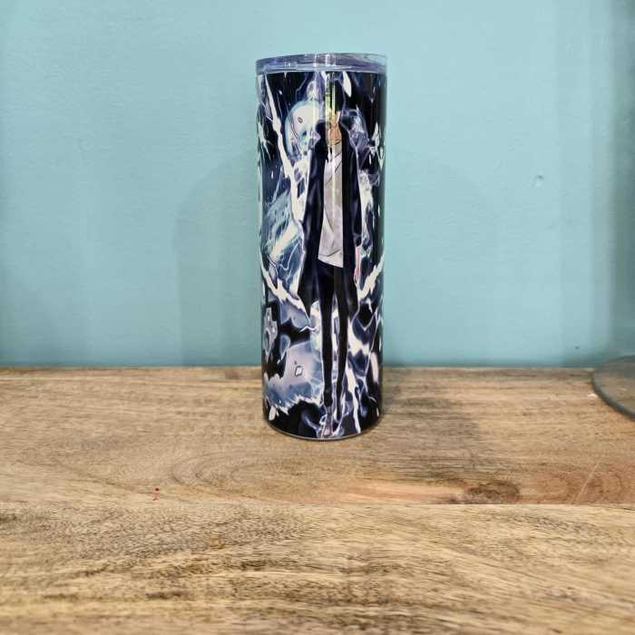 Tall cylindrical tumbler with an anime-style character graphic
