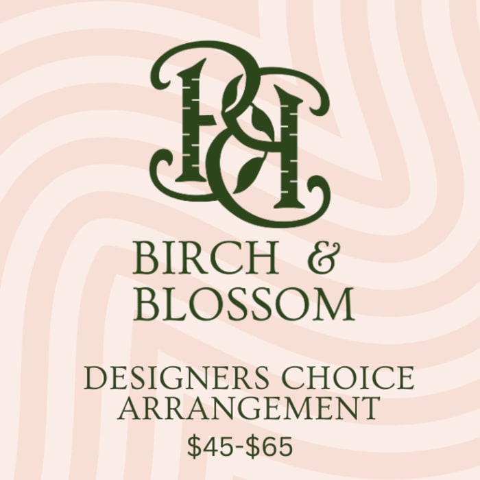 Birch & Blossom logo with designer's choice arrangement text on a pink patterned background