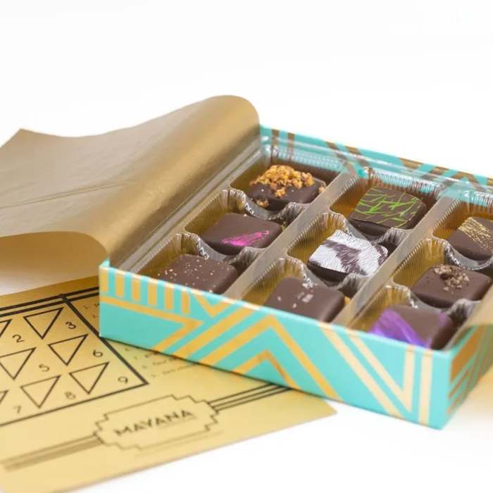 Box of assorted chocolates with a gold wrapper and card