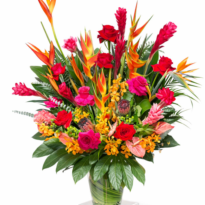 Tropical bouquet with red roses and orange bird-of-paradise in a glass vase