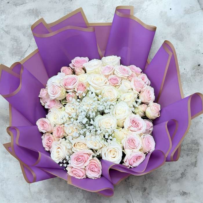 Bouquet of pink and white roses wrapped in purple paper