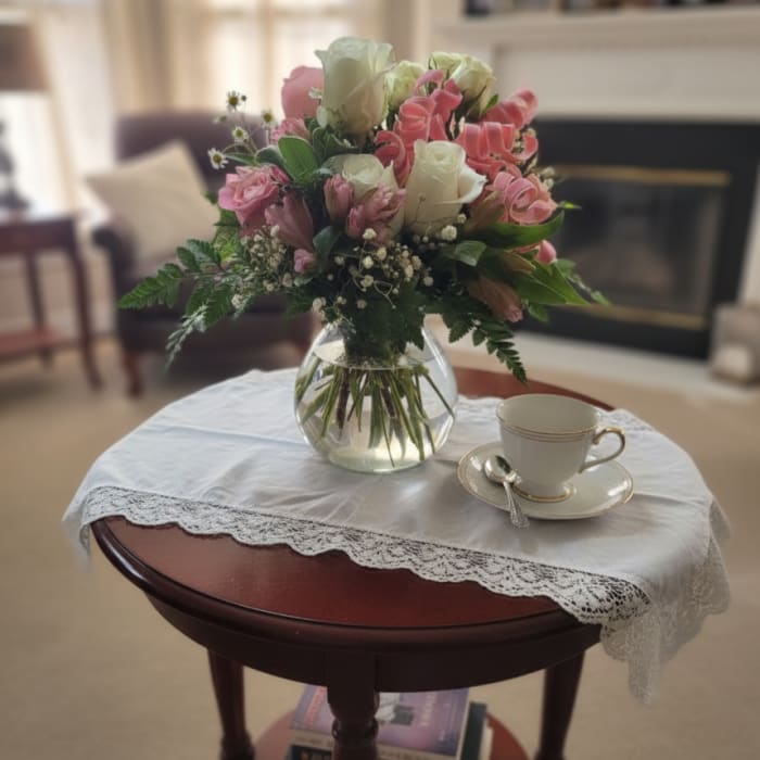 Pink and white rose bouquet in a clear glass vase on a table