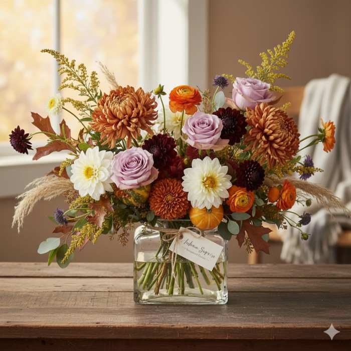Autumn bouquet of roses and chrysanthemums in a glass vase