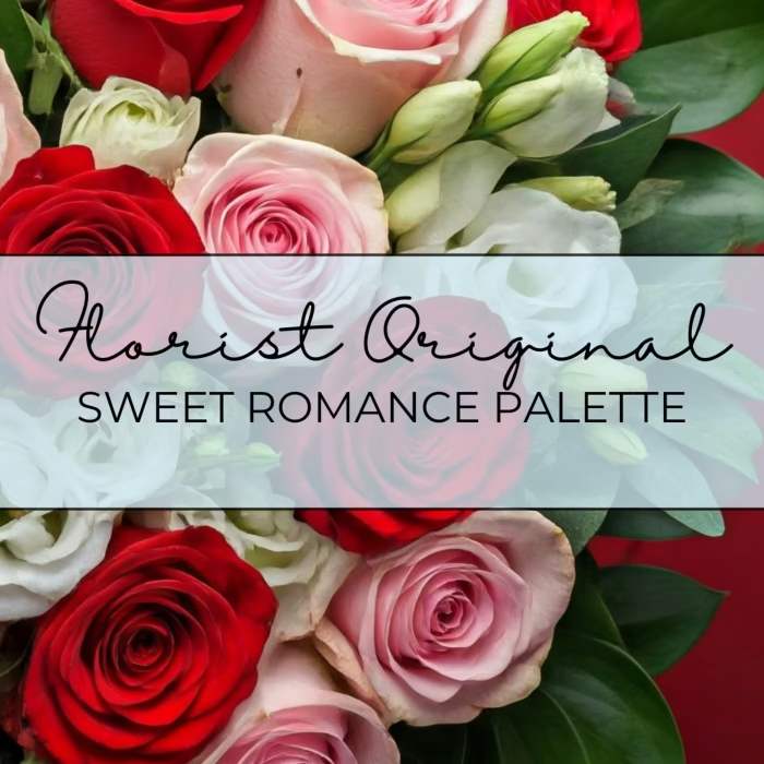 Red, pink, and white roses with buds and greenery behind a text banner