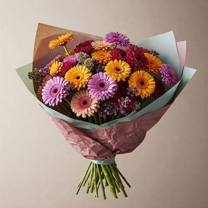 Bouquet of colorful gerbera daisies wrapped in pastel paper