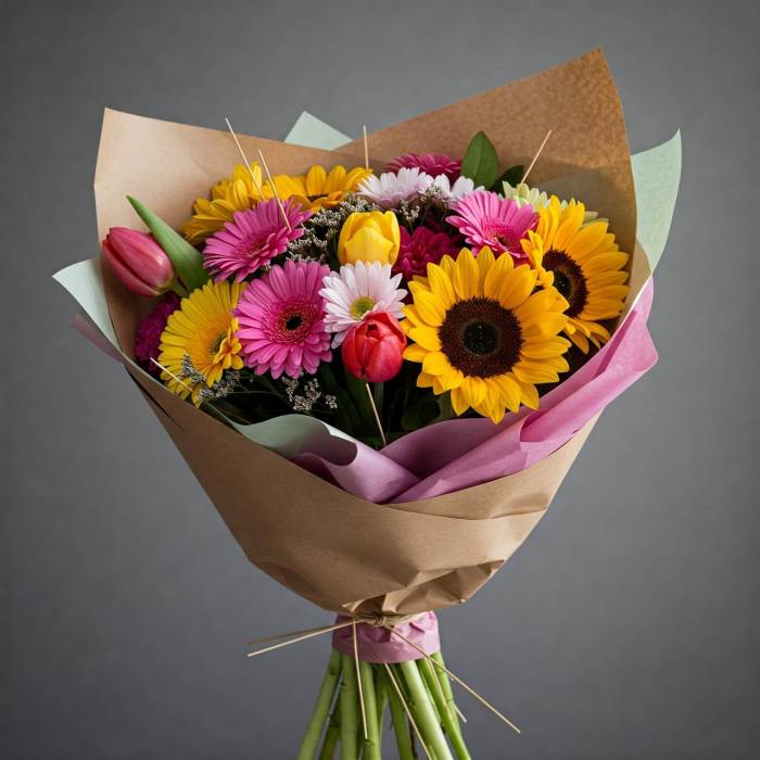 Bouquet of sunflowers, gerbera daisies, and tulips wrapped in paper