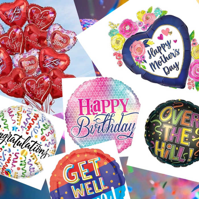 Assorted heart-shaped and round foil balloons with greeting text