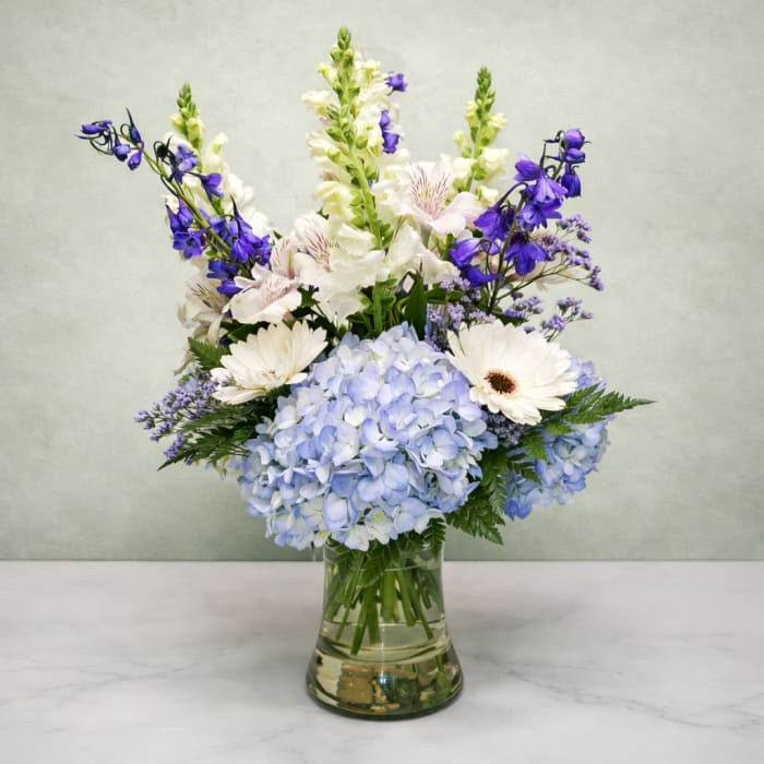 Tall vase arrangement with blue hydrangeas, white gerbera daisies, and purple delphinium