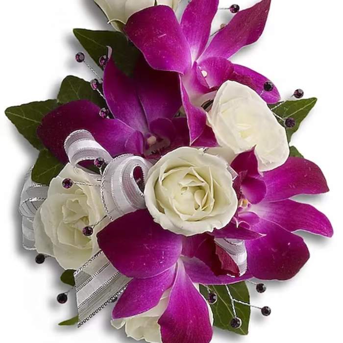 White roses with purple orchids and ribbon accents