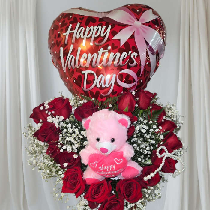 Red rose bouquet with a Valentine balloon and pink teddy bear