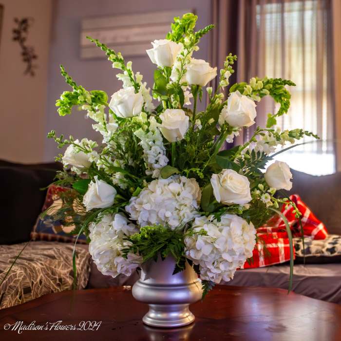 Classic Sympathy in white and silver by Madison's Flowers