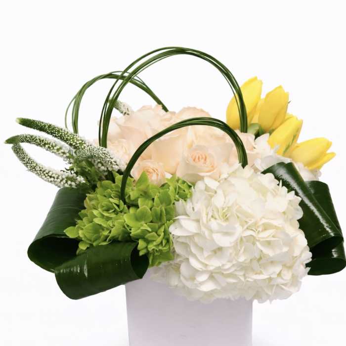 Arrangement of white hydrangeas, pale roses, and yellow tulips in a white vase