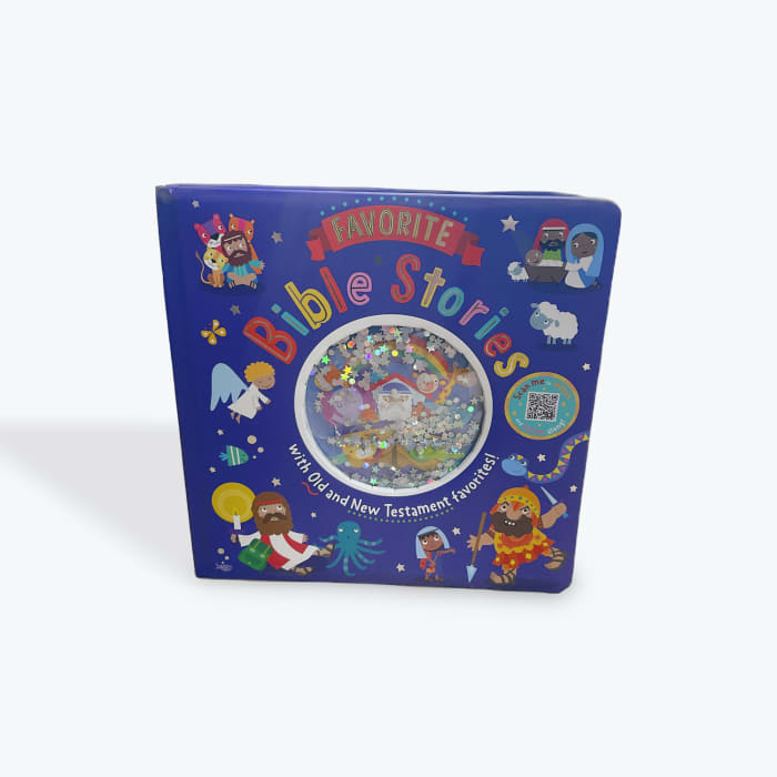 Blue children's Bible story book with colorful cartoon illustrations