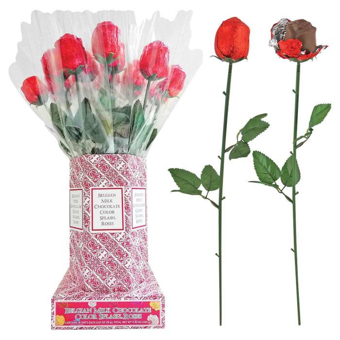 Wrapped roses paired with chocolate-covered rose stems