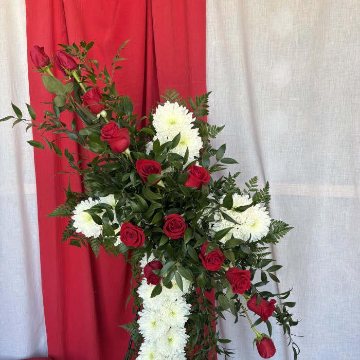 Standing floral spray with red roses and white chrysanthemums