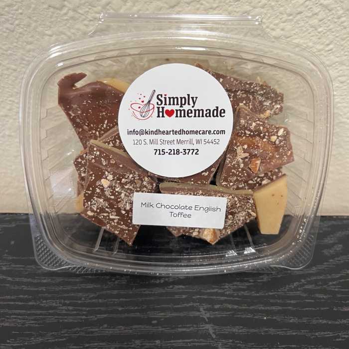 Plastic container of milk chocolate English toffee pieces