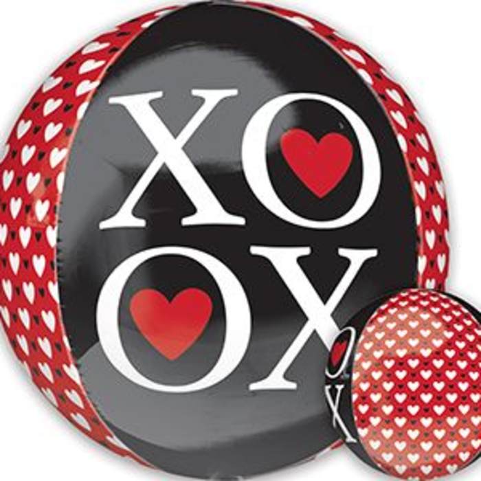 Round black gift box with XO and red heart graphics