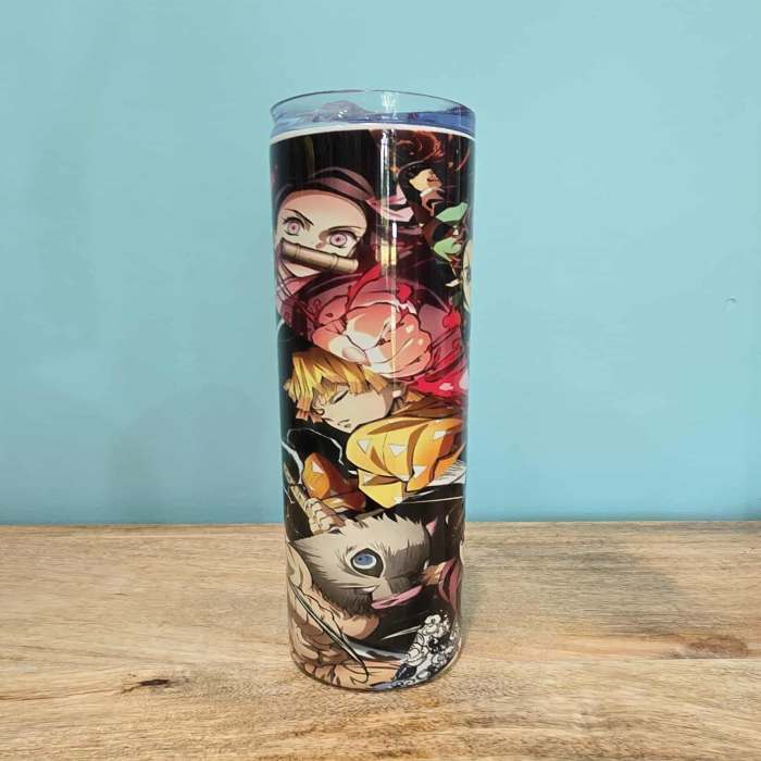 Anime character print on a tall cylindrical tumbler