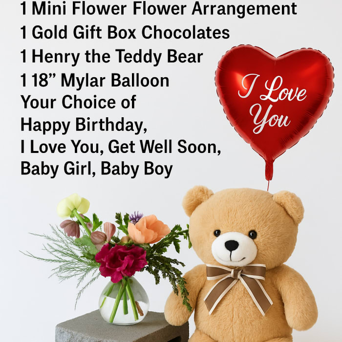Gift set with a mini flower arrangement, teddy bear, chocolates, and heart balloon
