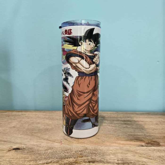 Anime character tumbler with a clear lid on a wooden surface