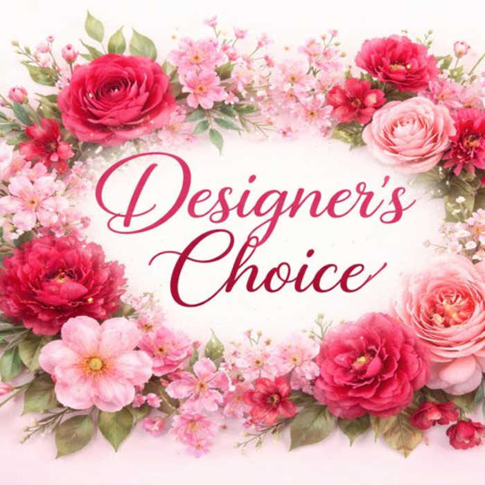 Pink floral wreath around the words Designer's Choice