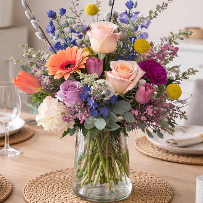 Mixed bouquet of roses, tulips, and daisies in a clear glass vase