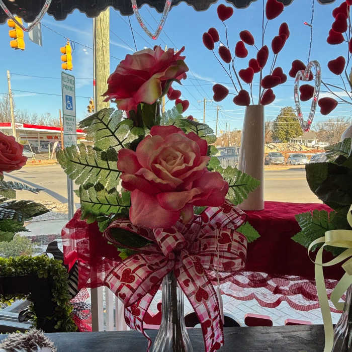 2 artificial pink and cream garden rose budvase