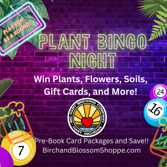 Promotional graphic for Plant Bingo Night with neon text and bingo balls
