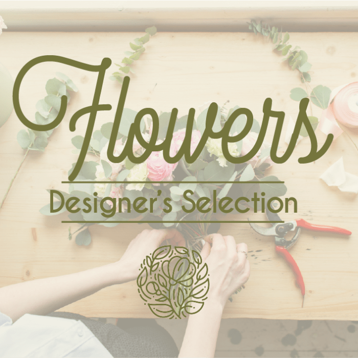 Floral design workspace with a bouquet and the words "Flowers Designer's Selection"