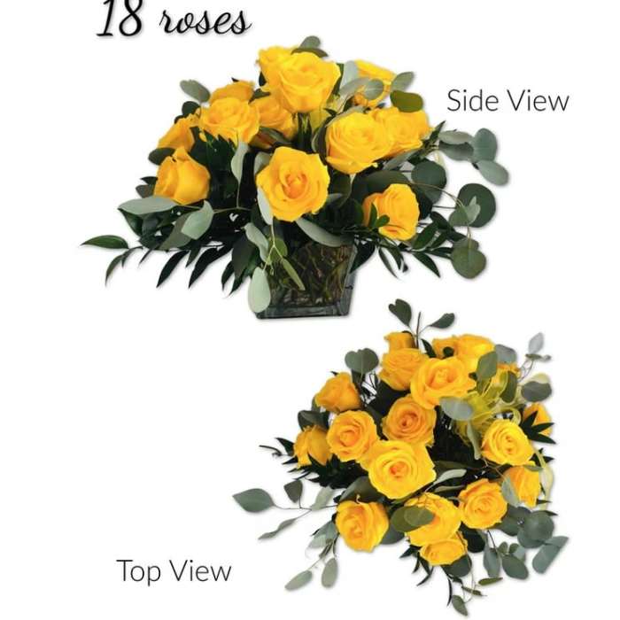 Yellow rose arrangement in a clear square vase, shown from side and top views