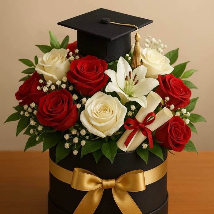 Graduation cap floral arrangement with red and white roses in a black hat box