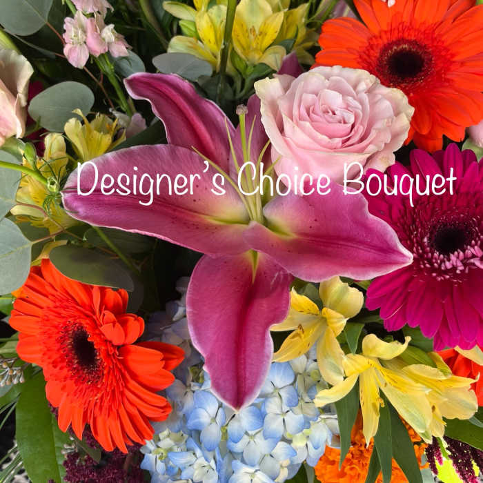 Mixed bouquet with lilies, gerbera daisies, roses, and hydrangea