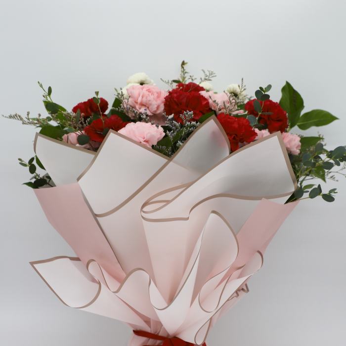 Pink and red carnation bouquet wrapped in pale pink paper with a red ribbon