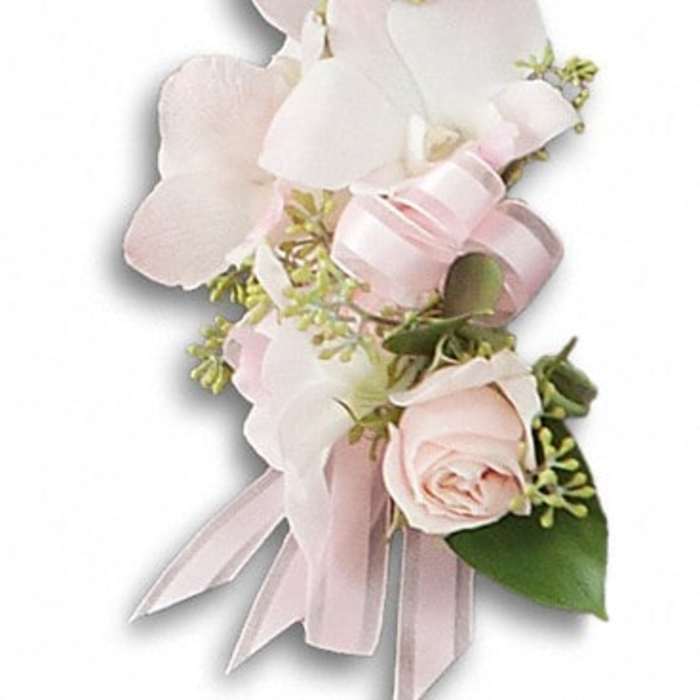 Pink and white floral corsage with ribbon