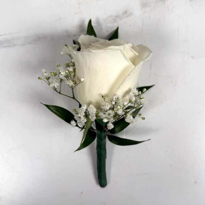 White Standard Rose Baby's Breath Boutonniere
