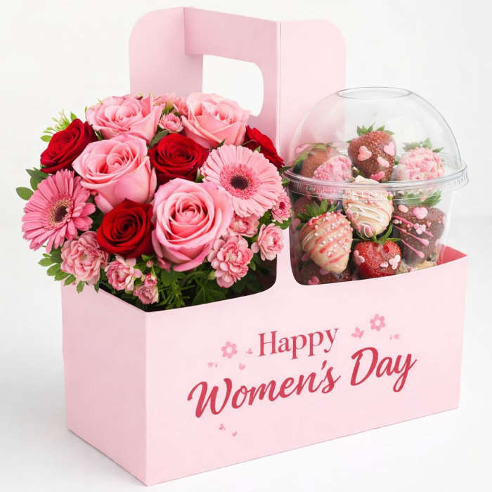 Pink and red rose bouquet beside chocolate-covered strawberries in a gift box